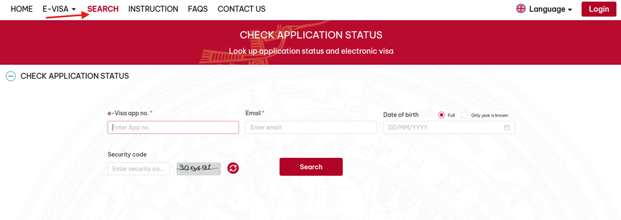 Página para consultar o status da solicitação do e-Visa do Vietnã